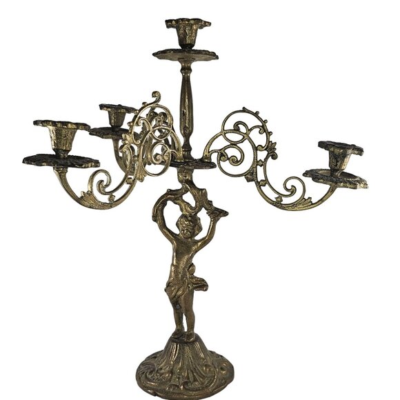 Antique Victorian Cherub Candelabra Brass Cast Metal 3 Arms Candle Holder - Picture 2 of 12